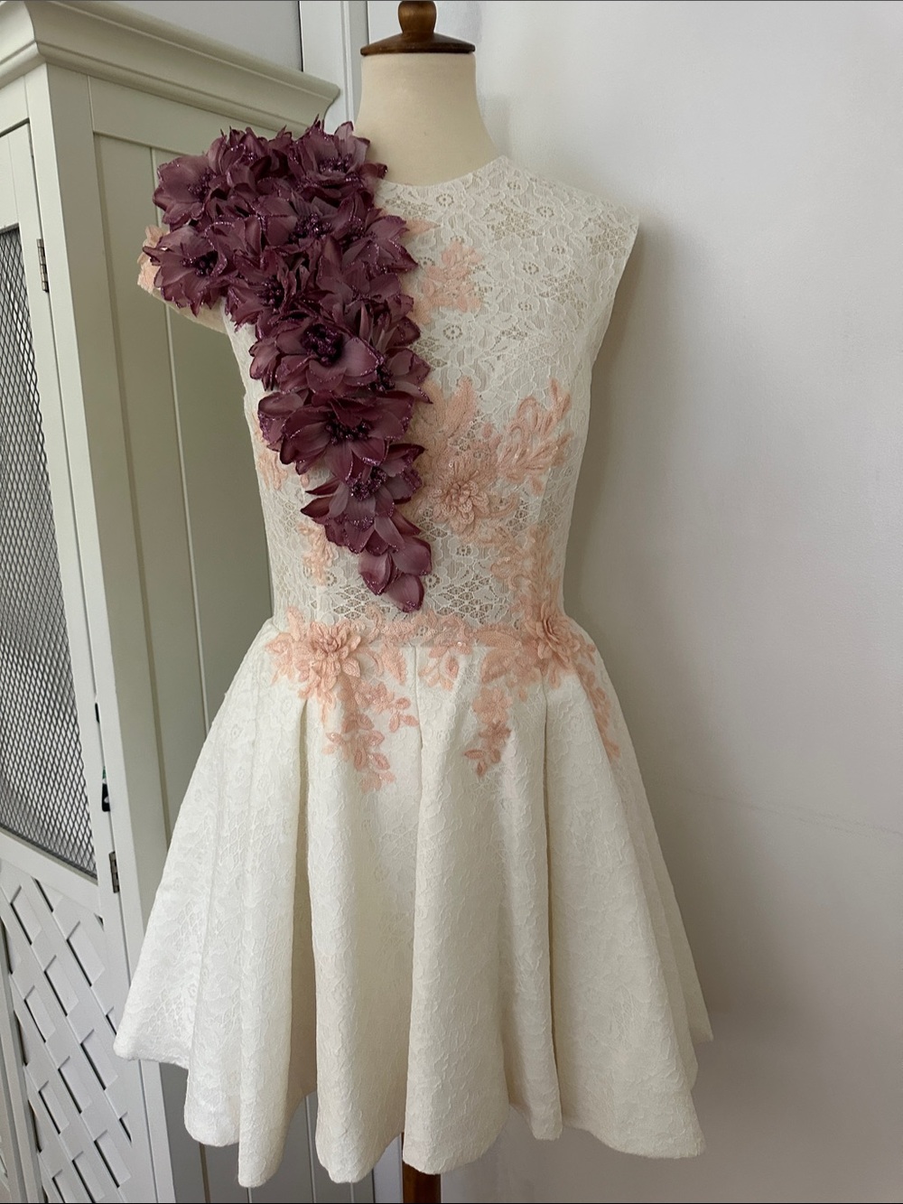 Bridal shower White Lace Dress with Pink Floral Appliqué and Purple Accent